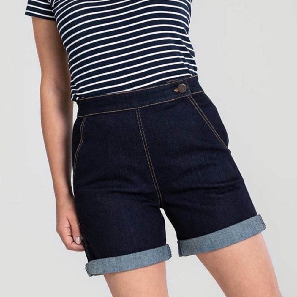 HELL BUNNY dark blue denim contrast stitch jorts jean shorts Bermuda